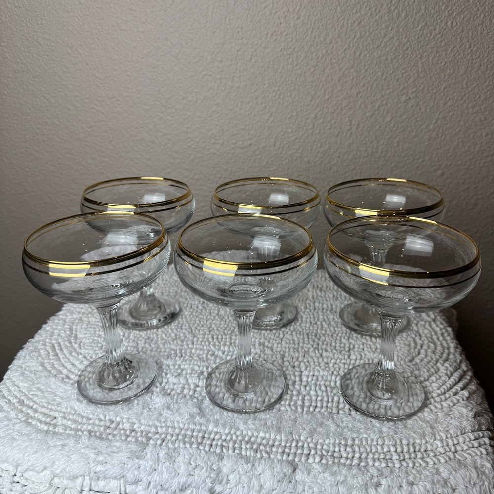 Buckingham Vintage Champagne Coupe Glass Set 6 Clear Gold 24K Trim Barware